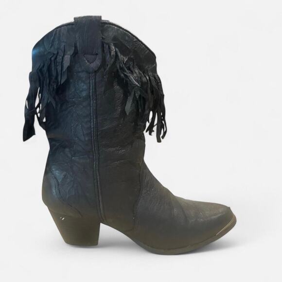 Vintage American West Black Leather Fringe Western Cowgirl Boots Size 8 - Picture 3 of 7